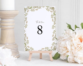 Greenery Border Table Number Template - Table Numbers for Wedding - Green Leaf Wedding Table Numbers - Editable Template for Wedding