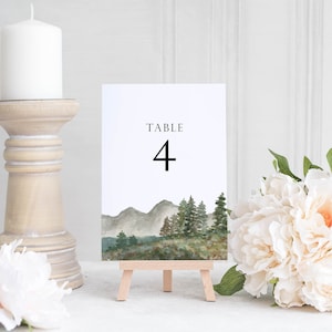 Wildflower Mountain Table Number Template - Table Numbers for Wedding - Watercolour Table Numbers - Landscape Table Number Template