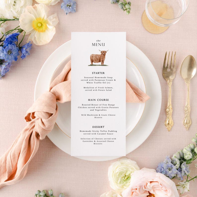 Scottish Menu. Example Highland Cow Menu Template - Wedding Menu Template - Scotland Wedding ...