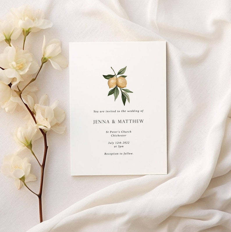 May include: A wedding invitation with a lemon illustration. The invitation reads "You are invited to the wedding of Jenna & Matthew, St Peter's Church, Chichester, July 12th 2022 at 3pm, Reception to follow."