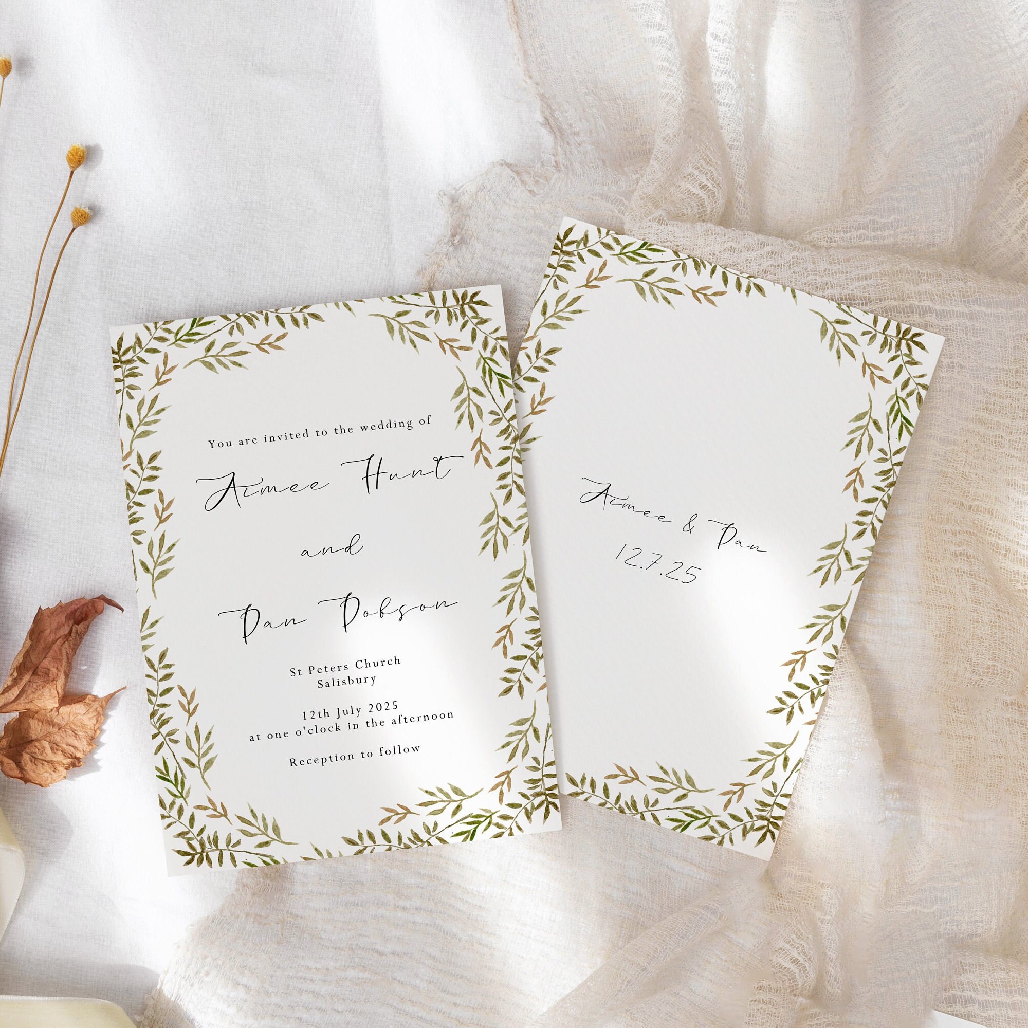Greenery Invitation Template for Wedding - Green Leaf Border Invitation ...