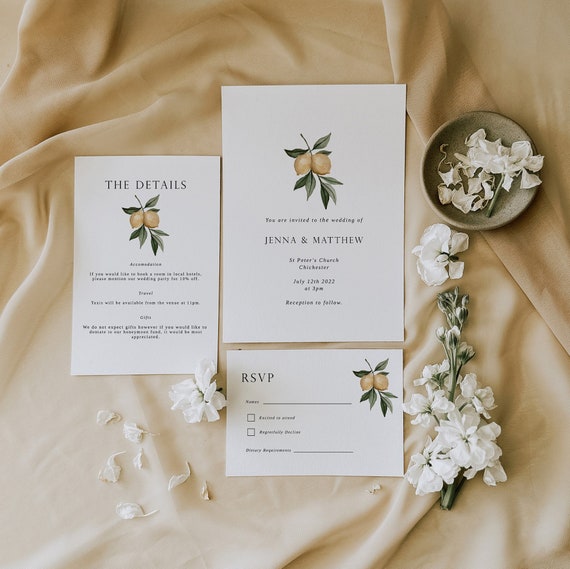 Wedding Invitation Template - Lemon Invite - Mediterranean Wedding Invitation - Lemon Wedding Invite Set - Digital Invite - Citrus Fruit