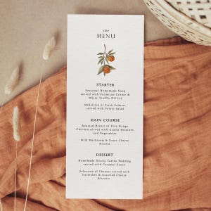 Modèle de menu orange - modèle de menu de mariage - menu de mariage imprimable aux agrumes - menu de l'événement à téléchargement immédiat - carte de menu orange méditerranéen