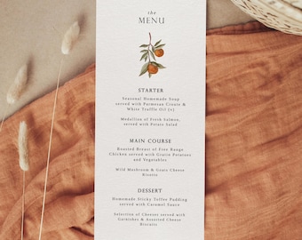 Orange Menu Template - Wedding Menu Template - Printable Citrus Wedding Menu - Event Menu Instant Download - Mediterranean Orange Menu Card