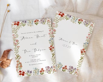 Wildflower Invitation Template for Wedding - Flower Border Invitation - Double Sided Invite - Printable Wedding Invites - Editable Invite