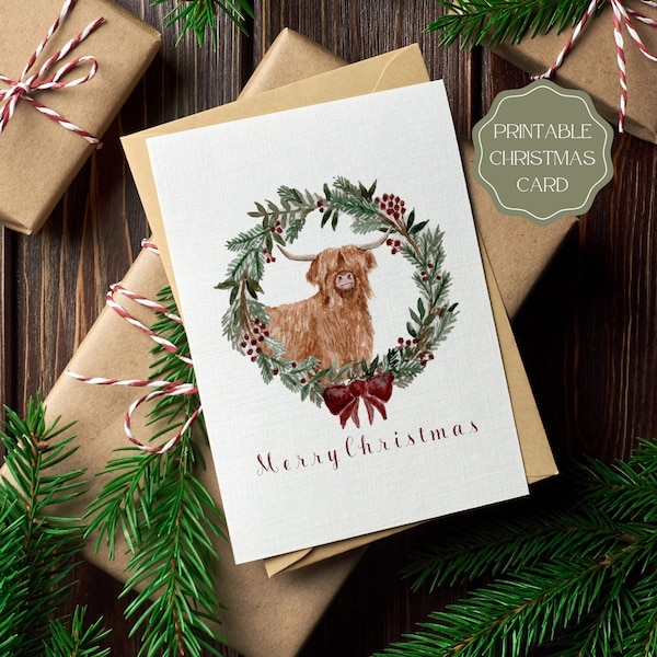 Printable Highland Cow Christmas Card | Printable Christmas card | Printable Card | Printable Christmas Cards | Xmas Card | Holiday Card
