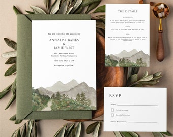 Forest Mountain Wedding Invitation Template - Mountain Invites for Outfoor Wedding - Rustic Wedding - Editable Digital Template