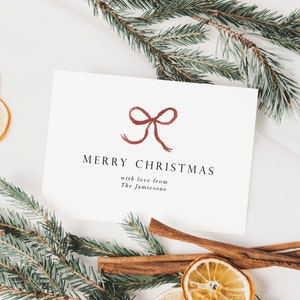Plantilla de tarjeta de Navidad en acuarela / Tarjeta de Navidad personalizada / Tarjeta navideña editable / Tarjeta de Navidad imprimible / Lazo rojo / Tarjeta familiar