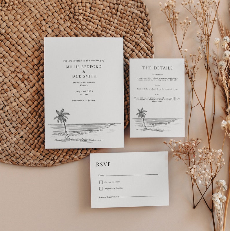 Beach Wedding Invitation Template Destination Wedding Invite Editable Wedding Invitation Palm Tree Invite set Digital Invitation image 1