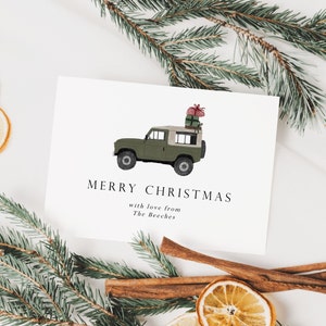Modelo de cartão de Natal em aquarela Landrover, cartão de Natal personalizado, cartão de férias editável, cartão de Natal para impressão, cartão de família
