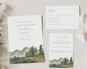 Mountain Wedding Invitation Template - Mountain Invites for Outfoor Wedding - Rustic Wedding - Editable Digital Template - Floral Mountain