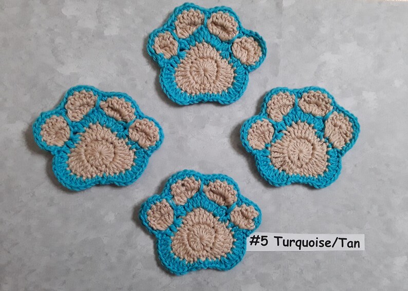 Variety of Colors ~ Hand Crocheted Pawprint Coasters Set of 4 DogCatBear Mug Rugs 100/% cotton