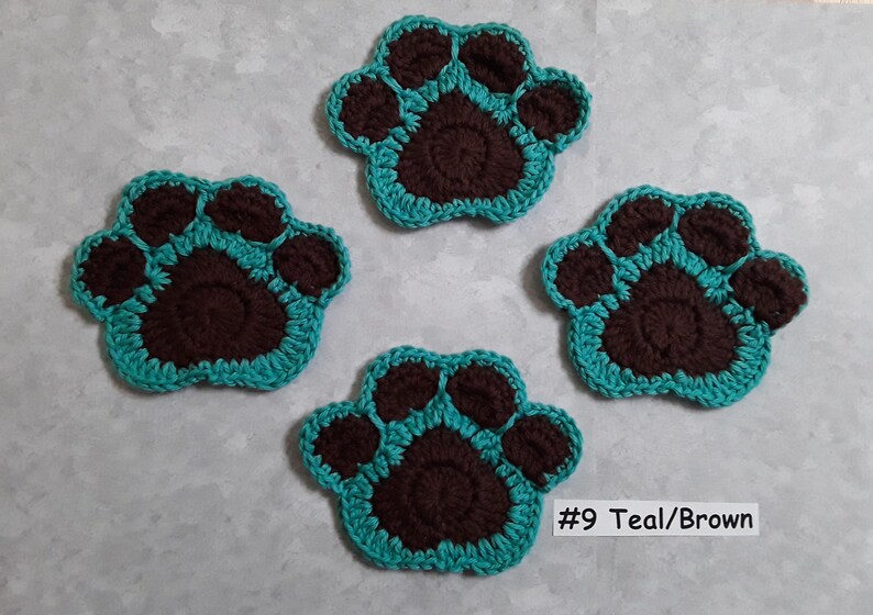 Variety of Colors ~ Hand Crocheted Pawprint Coasters Set of 4 DogCatBear Mug Rugs 100/% cotton