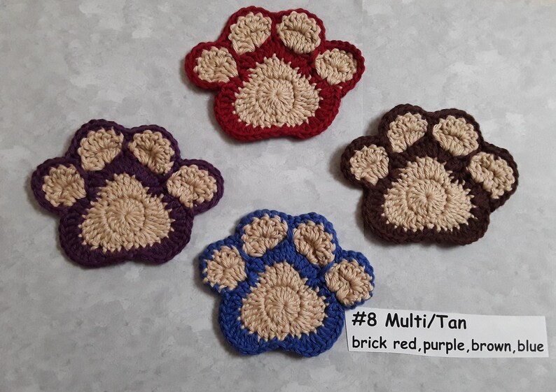 Variety of Colors ~ Hand Crocheted Pawprint Coasters Set of 4 DogCatBear Mug Rugs 100/% cotton