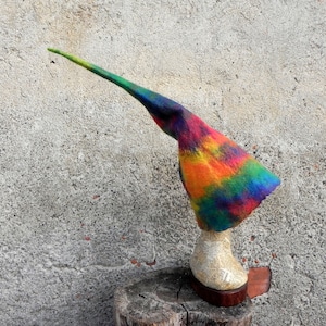Pode incluir: Um chapéu de feltro caprichoso e colorido com uma ponta longa e curva. O chapéu apresenta um padrão de arco-íris vibrante de laranja, amarelo, verde, azul e roxo. É exibido em uma cabeça de manequim.