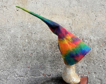 Rainbow elven felted hat, fantasy cosplay pixie felt hat, rainbow cosplay gnome elf felt hat, merino wool fairy hat, rainbow pride hat