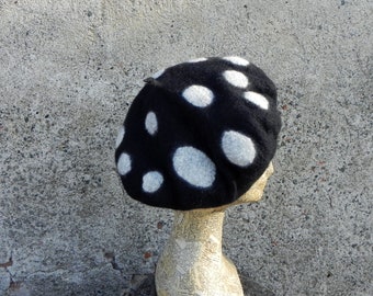 Polka dot black felt beret, small black hat, cosplay festival amanita magic mushroom hat, pixie elf beret, polka dot fairy cosplay