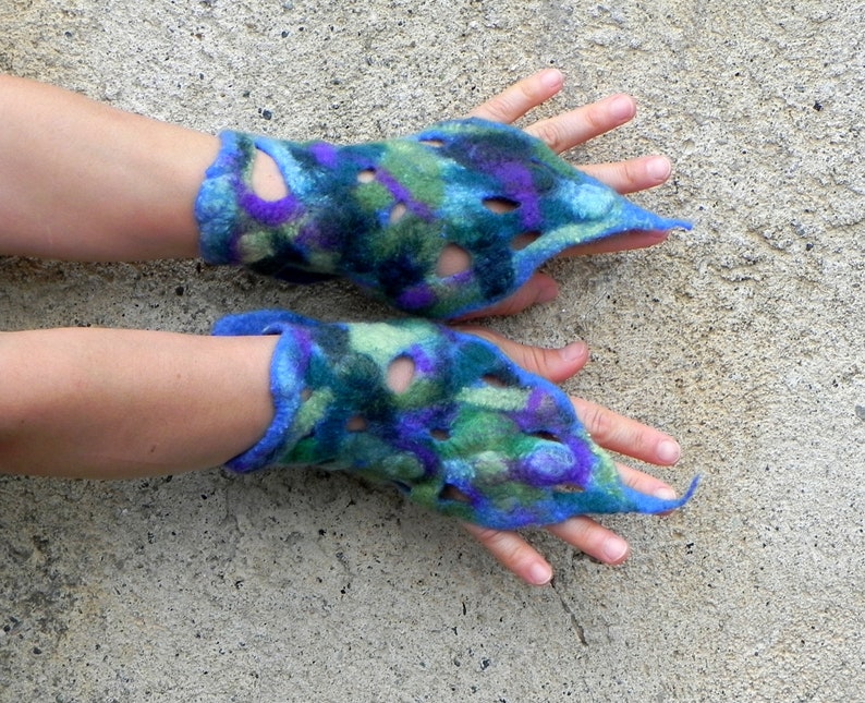 woodland felt wrist warmer festival cosplay green bracelet forest elf boho jewellery Blue green pixie faerie cuffs