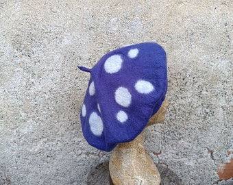 Polka dot purple felt beret, cosplay festival amanita magic mushroom hat, pixie elf beret, violet pois beret, artistic unique beret