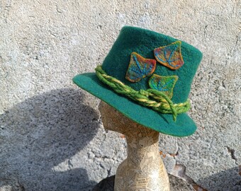 Elf green top fedora felted hat, woodland festival cosplay handmade fedora felt hat, leprechaun green St. Patrick's day fantasy hat