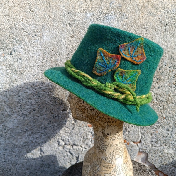 Elf green top fedora felted hat, woodland festival cosplay handmade fedora felt hat, leprechaun green St. Patrick's day fantasy hat