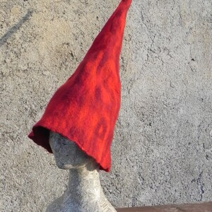 May include: A red felt conical hat with a pointed tip. The hat is displayed on a mannequin head with a newspaper-covered base.