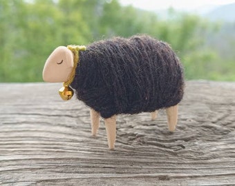 Brown wooden sheep dressed with farm merino wool, natural farm wool, nativity sheep figure, wooden sheep figure, wooden animal, waldorf toy