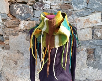 Felt stripe scarf with dreadlocks, multicoloured stripe scarf, dreadlock shawl, green coloured rainbow scarf, woodland, elf festival