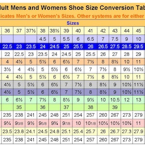 May include: A color-coded chart showing shoe size conversions for men and women in different countries. The chart includes sizes for Europe, Mexico, Japan, U.K., Australia, U.S. & Canada, Russia & Ukraine, Korea, inches, centimeters, and mondopoint.