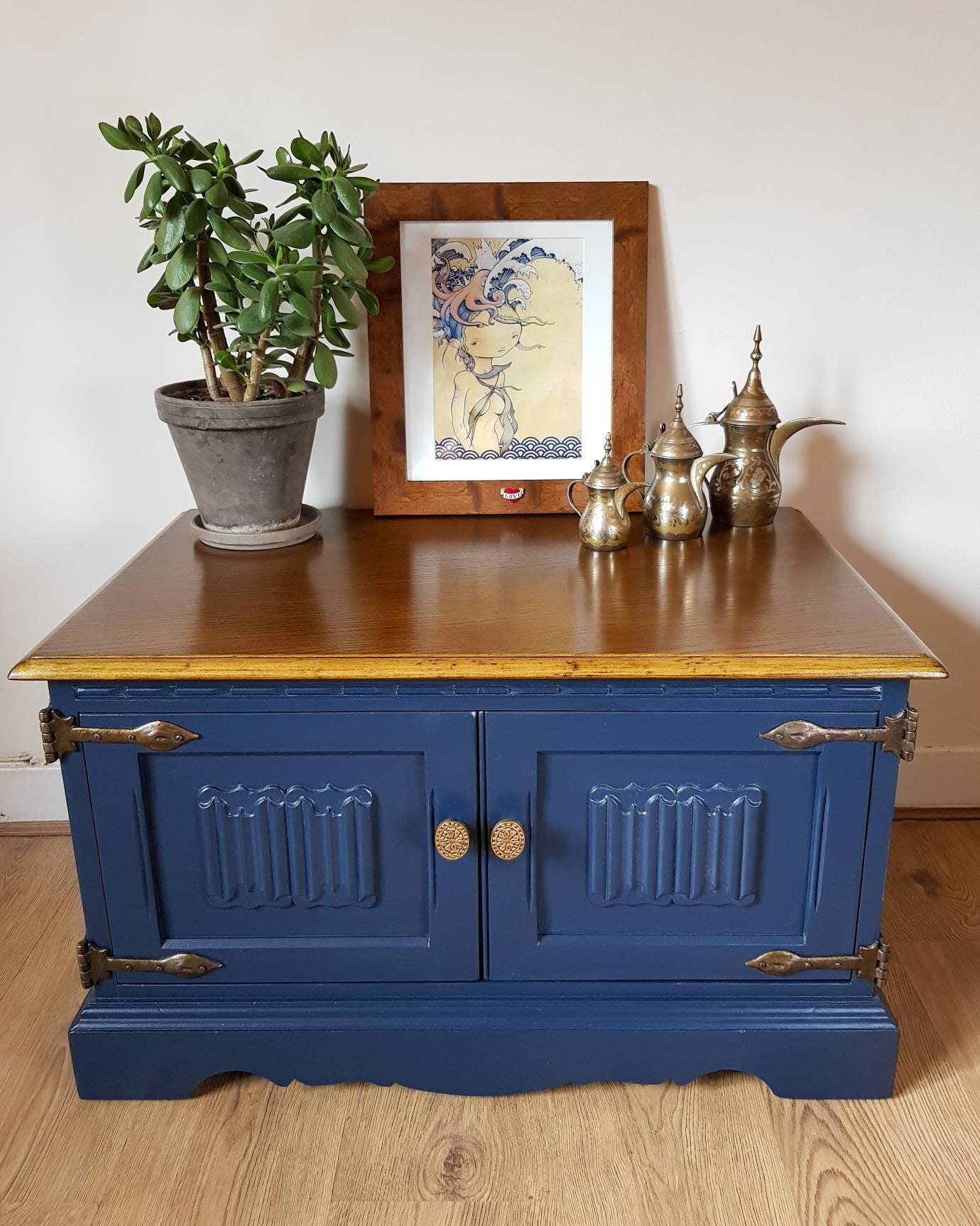 Navy blue TV unit. Solid vintage wood tv stand. Dark blue Etsy