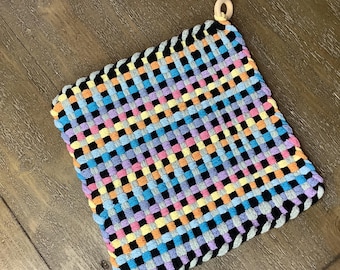 Handwoven Cotton Potholder, Large Hot Pad Trivet with Wood Ring