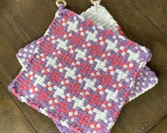 Handwoven Cotton Potholders, Large Hot Pads with Wooden Ring (Set of 2)