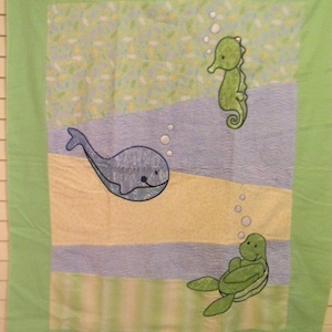 Adorable Flannel Baby Quilt With Ocean Theme - Cute Whale, Sea Turtle and Sea Horse, Personalized, Baby Shower Gift, Baby Gift