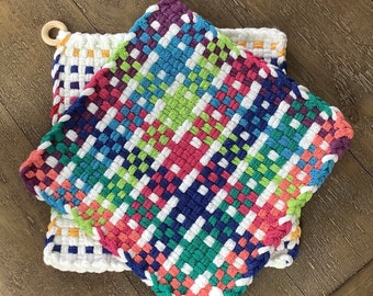 Handwoven Large Potholders, 100% Cotton Potholder, Handmade Potholders-a pair of coordinating potholders, 8 inch, hostess gift, hot pad