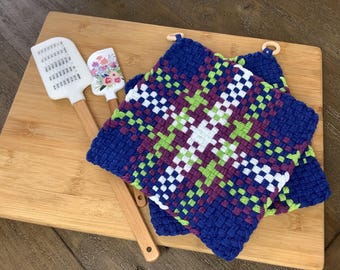 Handwoven Large Potholders, 100% Cotton Potholder, Handmade Potholders-a pair of coordinating potholders, 8 inch, hostess gift, hot pad