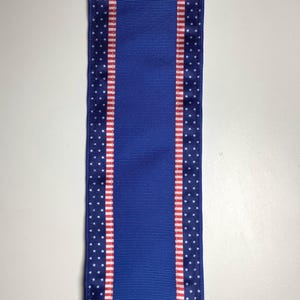 May include: A blue ribbon with a central blue stripe and borders featuring a pattern of white stars on a navy background. Red and white striped accents run along the edges, creating a patriotic design.