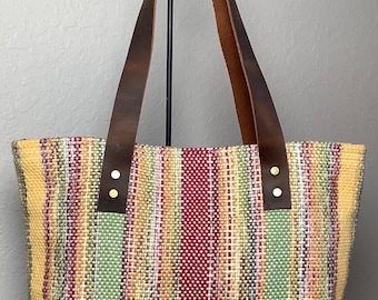 Handwoven Tote Bag With Leather Straps, Handwoven Purse