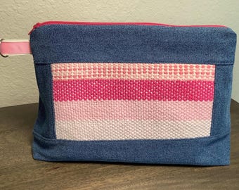 Zippered Travel Bag – Large Zippered Organizer with Handwoven Pink and White Accents