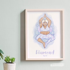 Birthstone for April Diamond Crystal Wall Art Print A4 size body positive, plus size yoga illustration. image 1