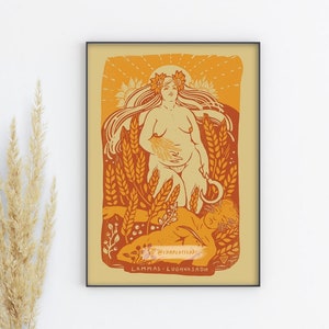 Lammas Lughnasadh Folk Art Print A4 Size Celtic Pagan Wheel of the Year Illustration Wall Art Folk Horror Witch Goddess Goblincore. image 1