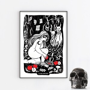 Samhain- Folk Art Druck A4 Größe - Keltisch Pagan Rad des Jahres Illustration Wandkunst- Halloween Folk Horror Hexe Göttin Goblincore.