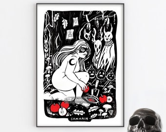 Samhain- Folk Art Print A4 Size - Celtic Pagan Wheel of the Year Illustration Wall Art- Halloween Folk Horror Witch Goddess Goblincore.
