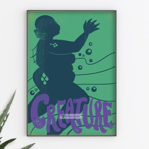A4 Horror Art Print Creature from the Black Lagoon Inspired Sea Monster Plus Size Halloween Poster Wall Decor Gothic image 1