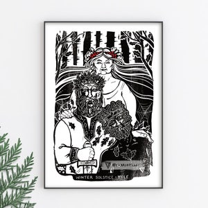 Yule Art Winter Solstice Pagan Wheel of the Year Art Print - A4 Size - Celtic Illustration Wall Art- Folk Horror Witch Goddess.