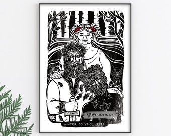 Yule Art Winter Solstice Pagan Wheel of the Year Art Print - A4 Size - Celtic Illustration Wall Art- Folk Horror Witch Goddess.