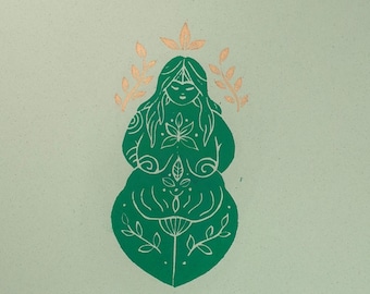 Earth Goddess, Gaia, linocut, lino print art, pagan gifts, eco friendly gifts, Goddess gifts, pagan decor, sustainable, green wall art