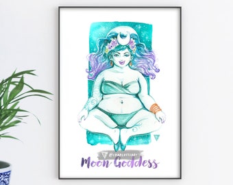 Moon Goddess Art Print A4 - Body Postive Wiccan Witch home decor and altar art.