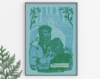 May include: A blue and green illustration of a winter solstice scene with a woman in a wreath and two men with wreaths and beards. The text "WINTER SOLSTICE - YULE" is at the bottom of the image.