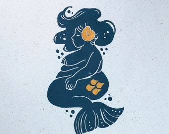 Mermaid Print, A4, Lino print, Sirencore, home decor, swimmer gifts, Ocean art,  Linocut , body positive art