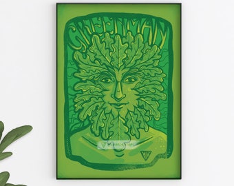 Green Man Oak King Pagan Art Print A4 or A5 Size - Psychedelic style Celtic Folk Wall Art - Folk Horror Green Witch Goblincore Green Knight.